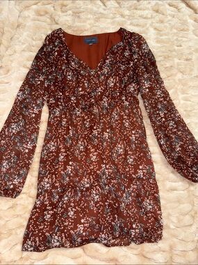 Rust Floral Long Sleeve V-Neck Tiered Mini Dress